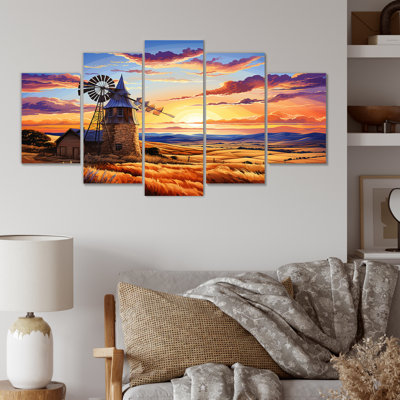 Windmill Evening Glow Meadows - Wind Turbines Wall Art Multipanel, toile
