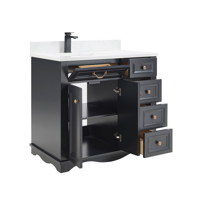 36" Solid Wood Sink Vanity  With 1' Artificial Stone Top, Tricorn Black