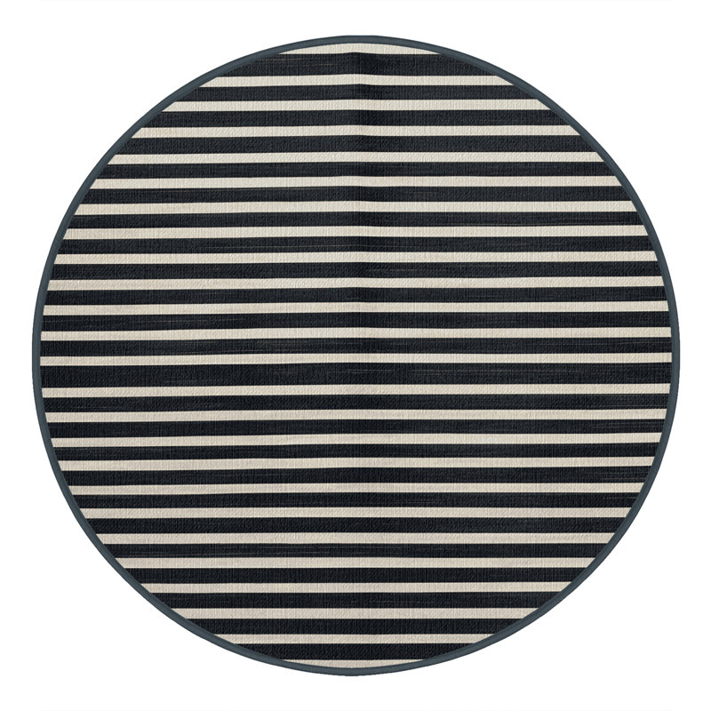 Washable Dark Slate White Striped Area Rug, Round 6'