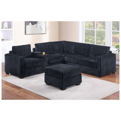 Ensemble de canapé modulaire en forme de L 4 pièces avec porte-gobelet en forme de L et pieds en plastique de style contemporain avec accoudoirs carrés et repose-pieds carrés noirs