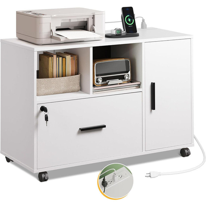 Lateral File Cabinets with Lock , File Cabinet with Charging Station for Home Office, Wooden Rolling Printer Stand with Shelves, White