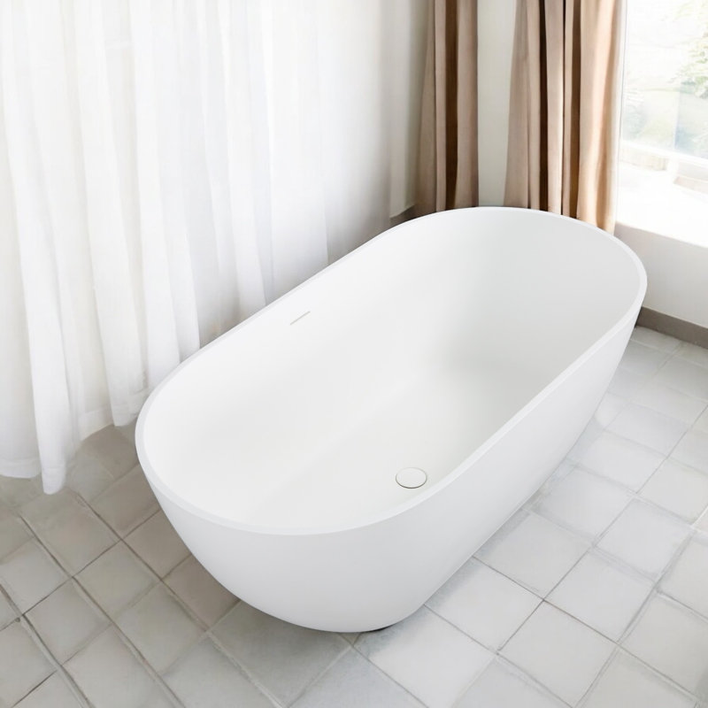 59" x 29.5" Solid Surface Stone Resin Freestanding Soaking Bathtub, Matte White