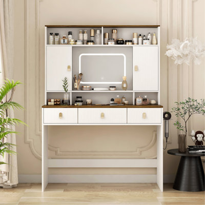 Table de maquillage Farmhouse, coiffeuse de 43 po de largeur avec miroir éclairé et tiroir de maquillage, grande coiffeuse moderne avec porte-séchoir pour chambre à coucher, blanc
