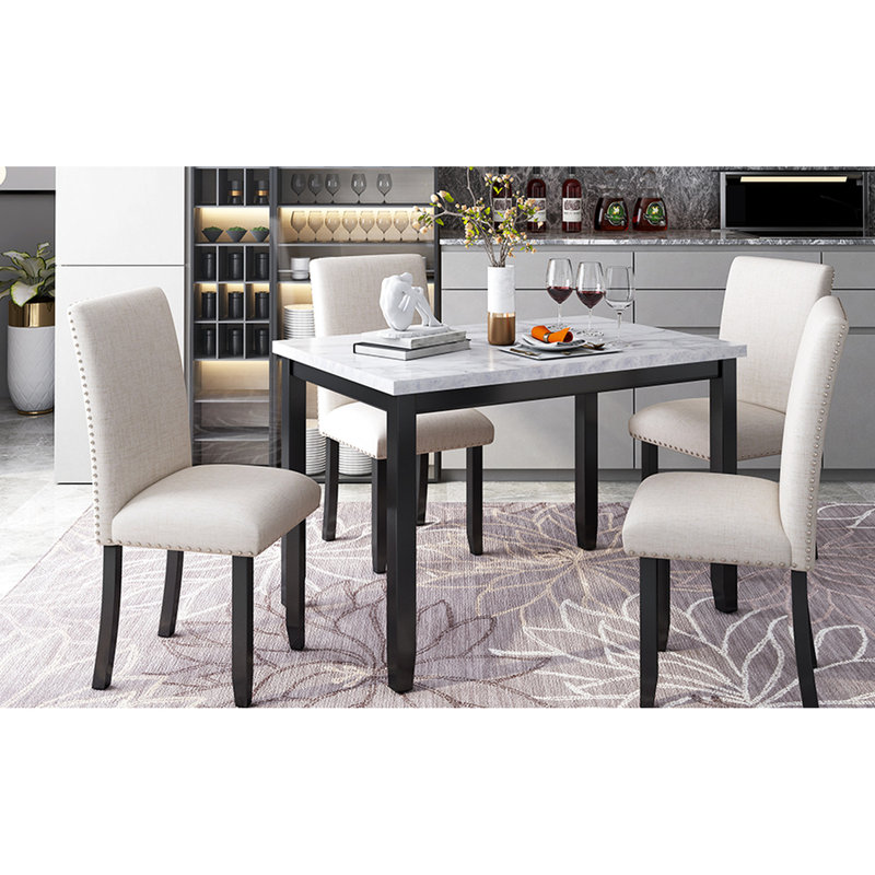 Table de salle à manger 5 pièces avec faux marbre - cadre de soutien solide