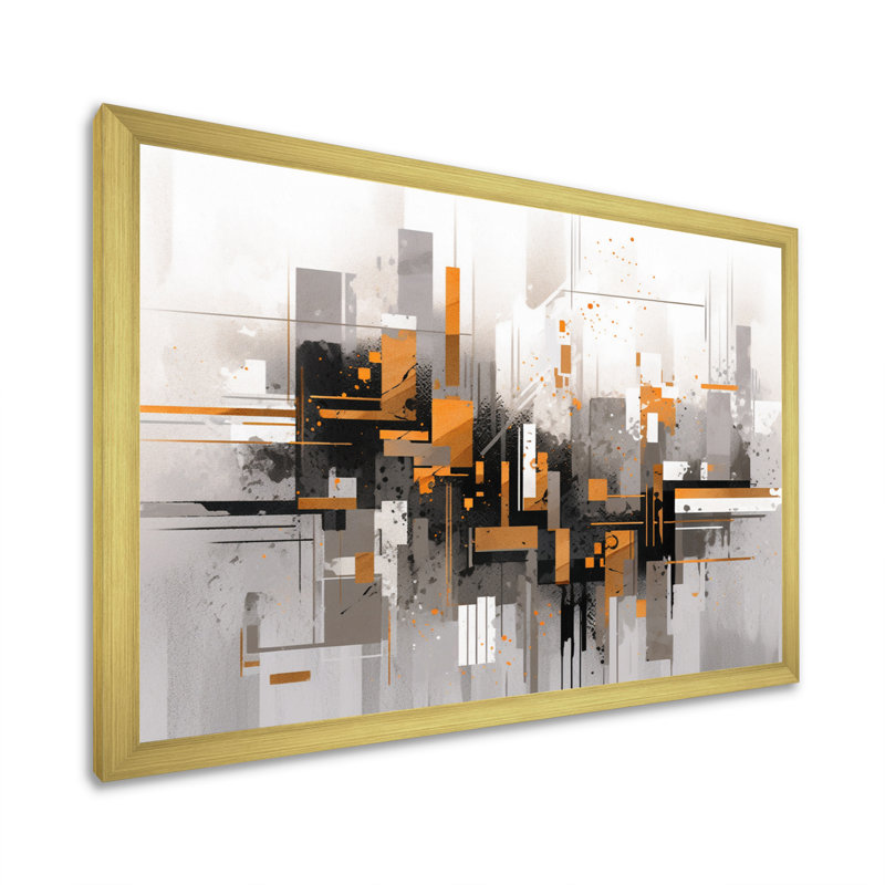 Orange Grey Bold Stripes - Cubism Canvas Wall Decor, Gold Single Picture Framed, 12" H x 20" W x 1" D