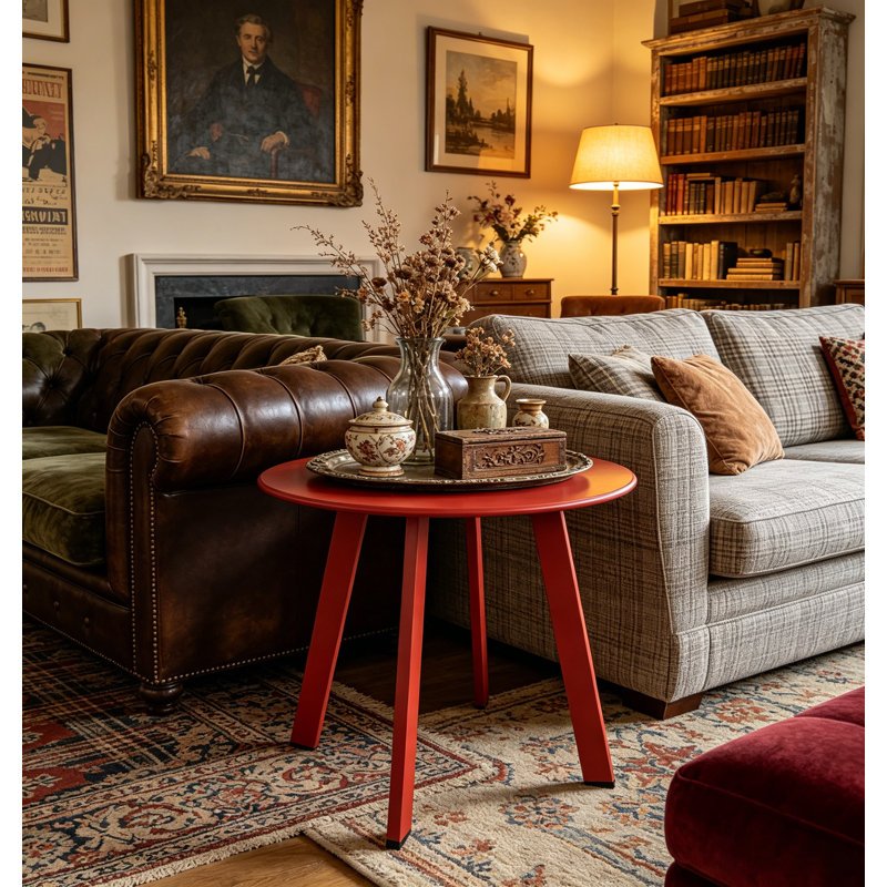 Table d'appoint ronde moderne, petite table d'appoint décorative avec 4 pieds en angle, table basse compacte pour salon, chambre à coucher, balcon, patio, rouge