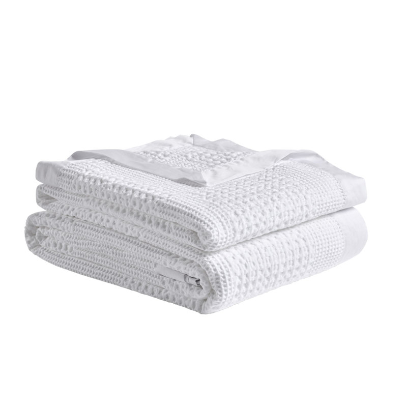 Couverture gaufrée en coton avec bordure en satin de coton, Carreauté blanc, Grand lit