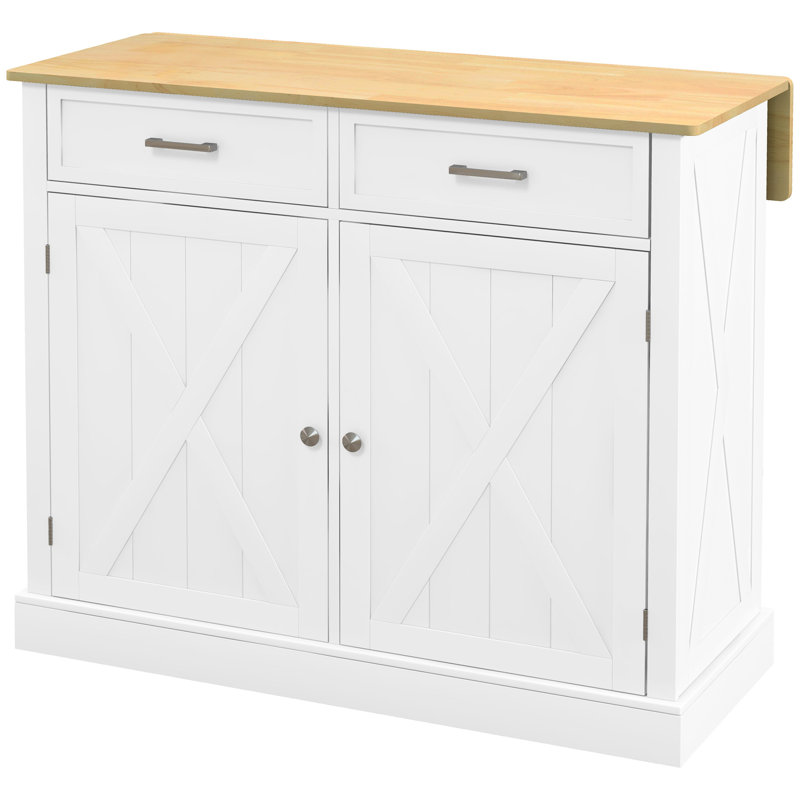 White Kitchen Cart With Folding Drawer - 2 Drawers, Adjustable Shelves For Dining Room Rolling Extendable Top Drawers & Area