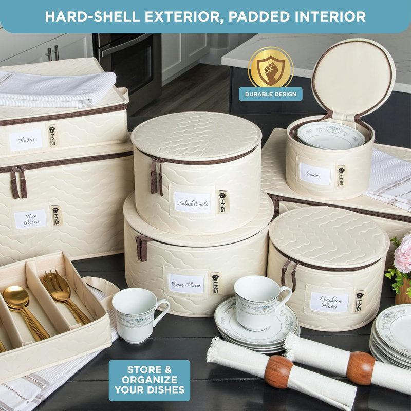 Ensemble de rangement China - paquet de 8 coquillages rigides beige, Tissu matelassé beige