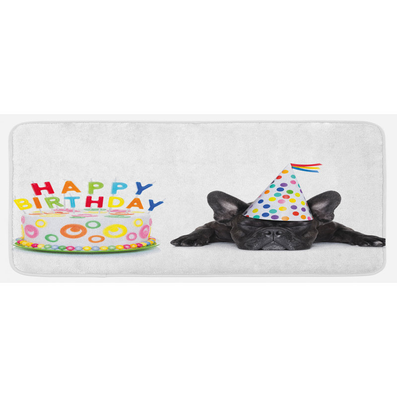 Tapis de cuisine en multicolore en forme de fête à gâteau avec bougies en bouledogue french
