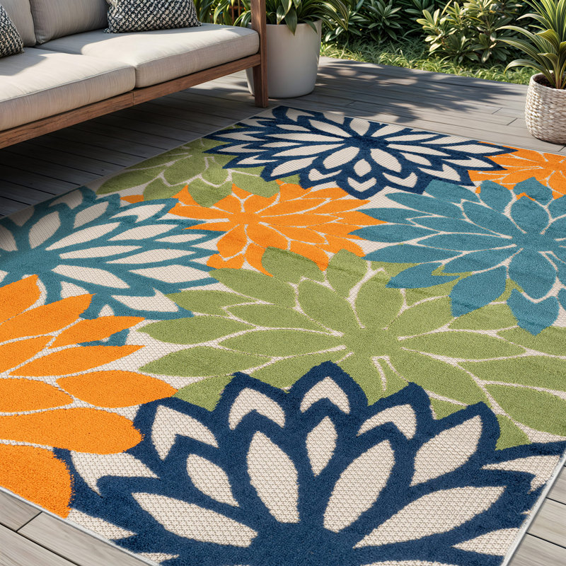 Tapis floral ivoire / multicolore intérieur / extérieur, Multi, Rectangle 5 pi x 7 pi