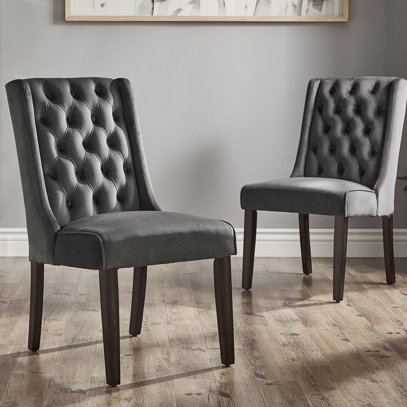 Dukinfield 20.5'' H Tufted Upholstered Side Chair, Dark Gray Velvet, Espresso