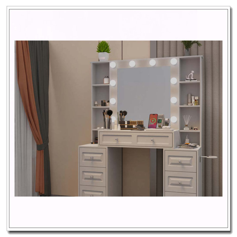 Bureau de coiffeuse avec miroir, lumières, station de charge et 7 tiroirs