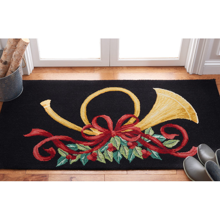 Encratis Hand Hooked Wool Pile Floral Rug in Black