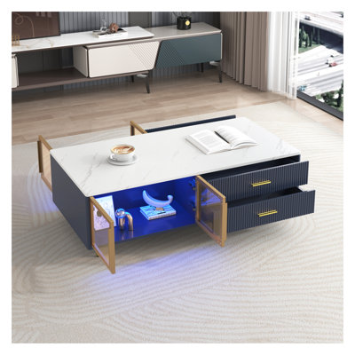 Table basse moderne bleu marine avec 4 tiroirs, 2 portes de rangement en verre, pieds en métal doré et éclairage DEL multicolore - centre de table de salon de 47,2 pouces