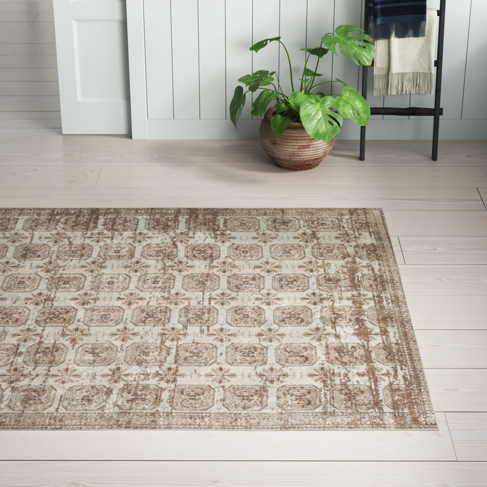 Phoebe Tan Cream Washable Geometric Rug, Rectangle 6'7" x 9'6"