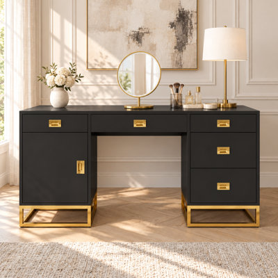Bureau d'ordinateur moderne de 147 cm (58 po) avec tiroirs et armoire, structure en métal et meuble de rangement pour bureau à domicile