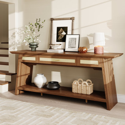70.9" Rattan Console Table with Drawer, Narrow Entryway Table, Rustic Brown