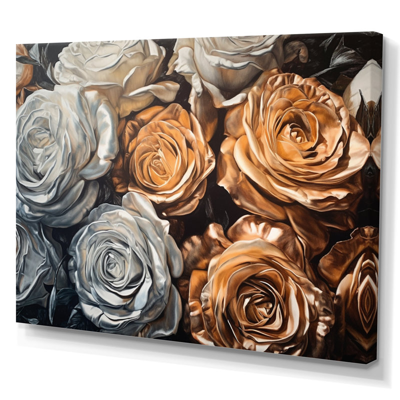Roses dorées en fleurs - impression, H 12 po x l 20 po x P 1 po, Toile tendue