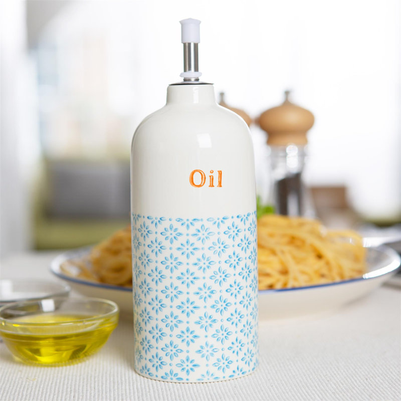 Nicola Spring Hand-Printed Olive Oil Pourer Bottles - 500ml - Blue - Pack of 2