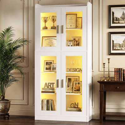 67" Tall Glass Display Bookcase, 5-Tier Storage Shelves With LED Lights, Bookshelf