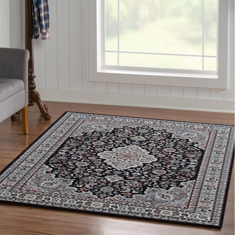 Breedlove Traditional Machine Woven Flatweave Black and Charcoal Area Rug with Non Skid Backing, Rectangle 5' X 7'