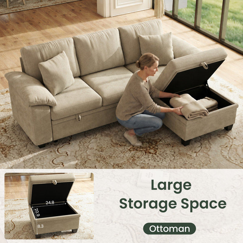 Canapé-lit d'angle convertible Acker de 86 po avec rangement dissimulé et accoudoirs rembourrés ergonomiques, Brown Chenille