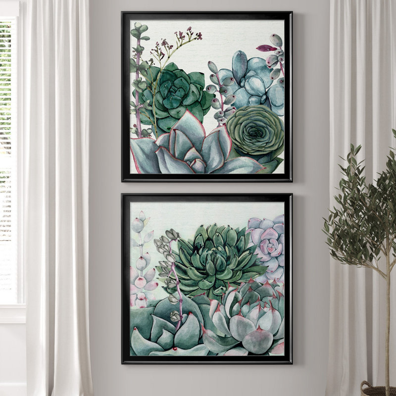 «Succulent Garden I», ensemble de 2 reproductions d'art sur toile, Toile avec cadre noir, H 17,5 po x l 35 po x P 1,5 po