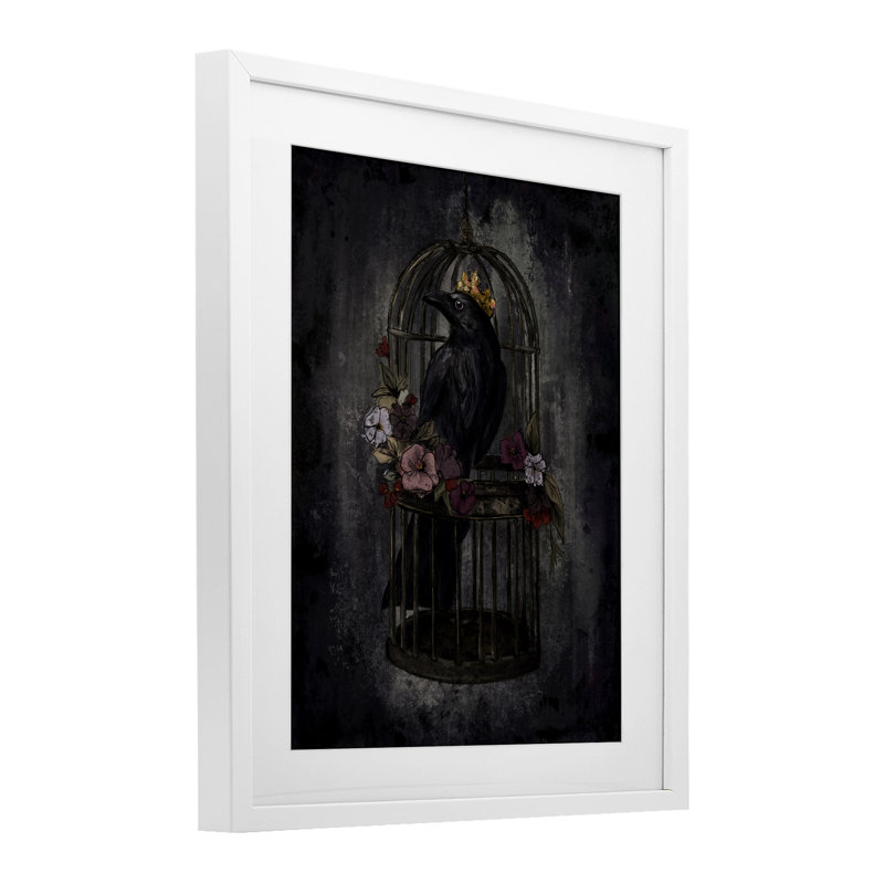 Raven King in Cage, reproduction encadrée sous verre, design par Denise Bartkus, H 21 po x l 17 po, Cadre blanc côtier