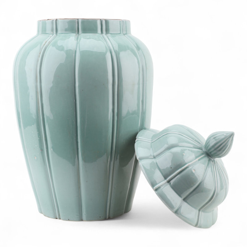 Celadon Ribbed Jar with Lid, Green