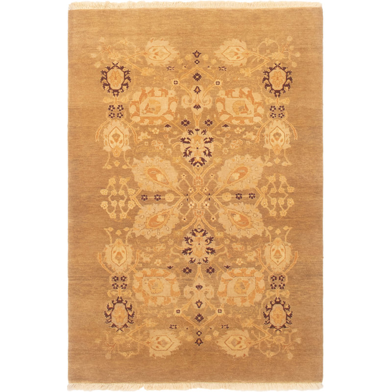Tapis unique en laine noué à la main Tabriz des années 2010 de 4 pi 1 po x 6 pi 1 po kaki Finella
