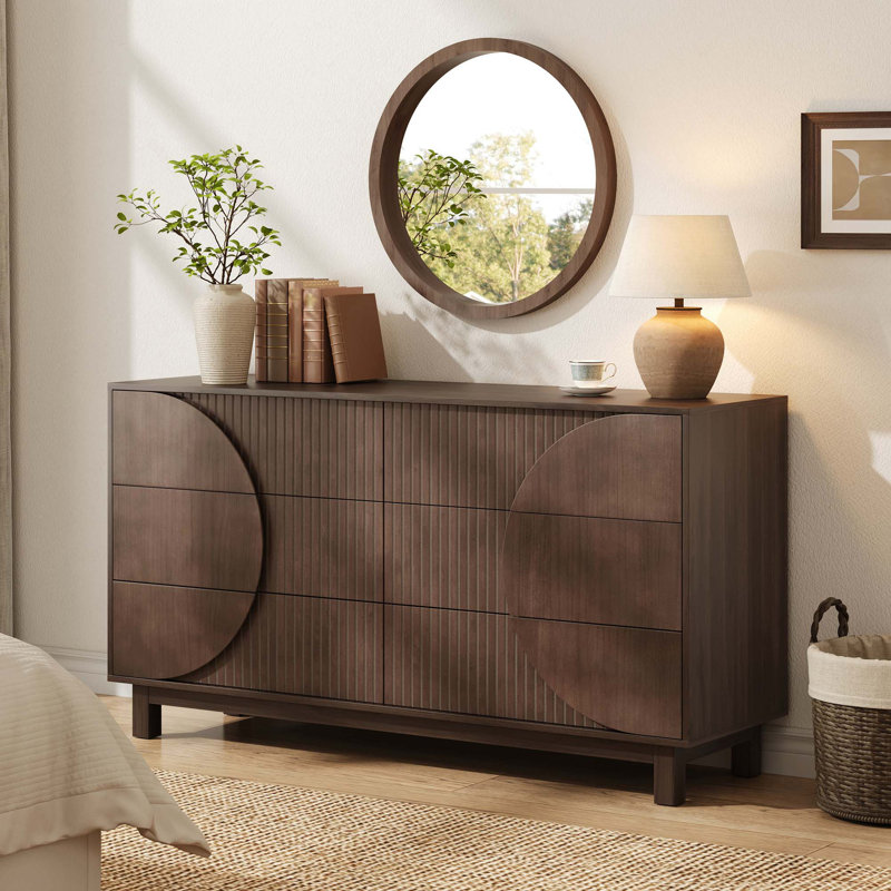 Commode cannelée moderne avec 6 tiroirs profonds et pieds en bois massif, Marron foncé