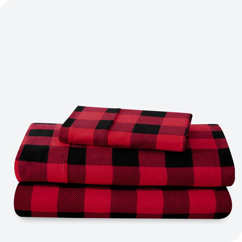 Ensemble de draps en micro-fibre, Ensemble de draps pour lit simple TG + un drap-hou, Carreaux Buffalo - rouge / noir