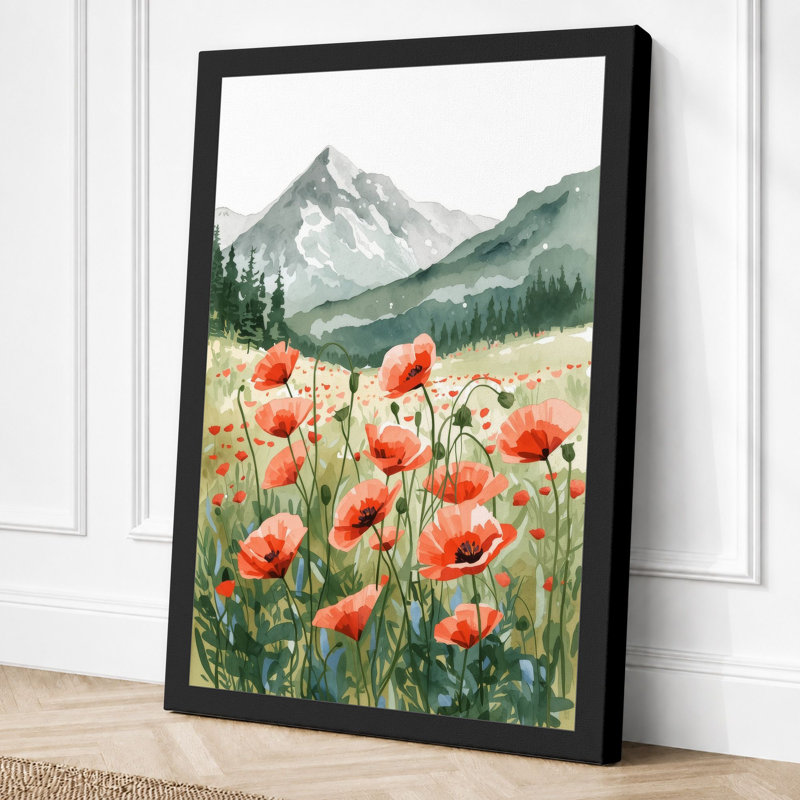 Poppies at Mountain's Edge Botanical - Wrapped Canvas, 24x16 - 61.0 x 40.6 cm, Black Border