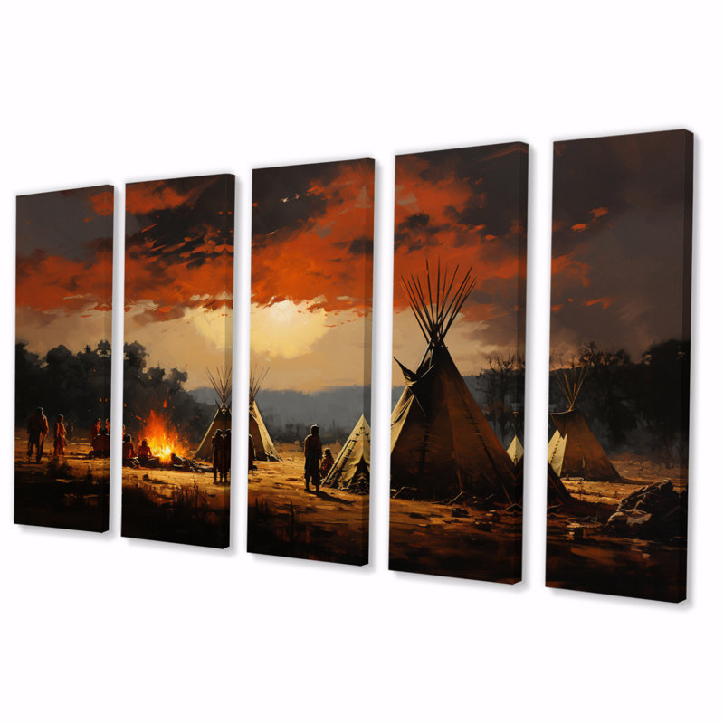 «Orange Tipi Native Souli Connections I» sur toile, ensemble de 5 pièces
