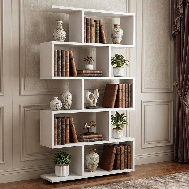 Geometric Minimalist 10 Shelves Bookcase, Porcelain