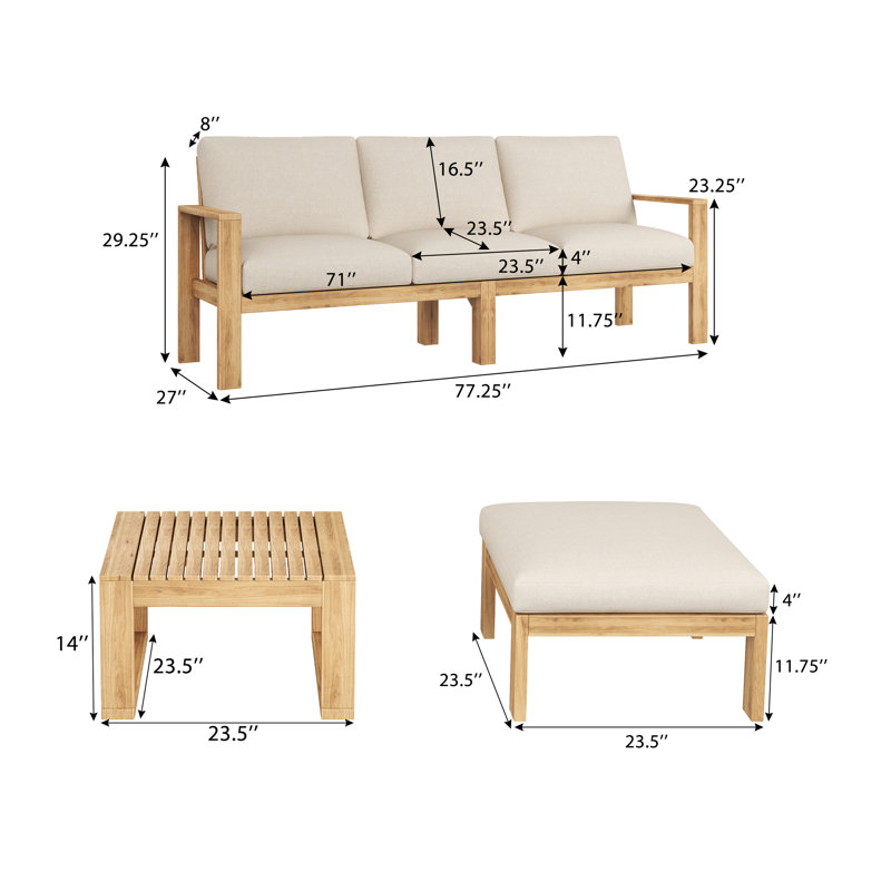  Ensemble de canapé modulaire d'extérieur 3 pièces avec structure et coussins en bois d'acacia, ensemble de conversation pour patio avec table basse, gris clair + teck