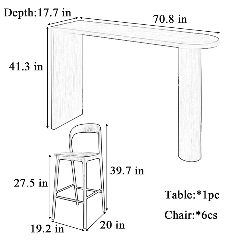 Table de bar et chaises de loisirs en bois massif, H 41,3 po x L 70,8 po x l 17,7 po, 7