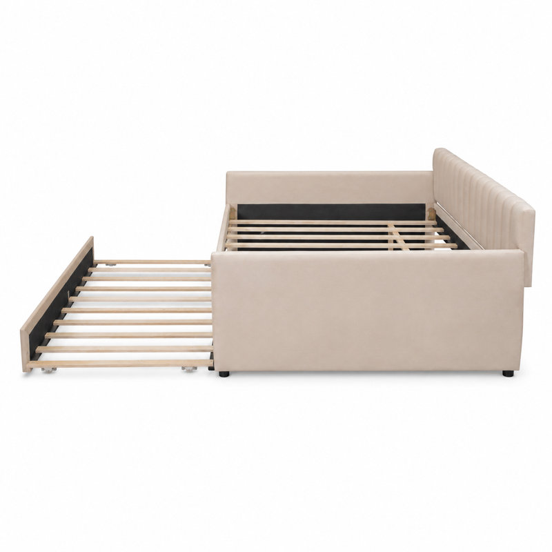 Lit de jour rembourré avec lit gigogne Keval, Beige