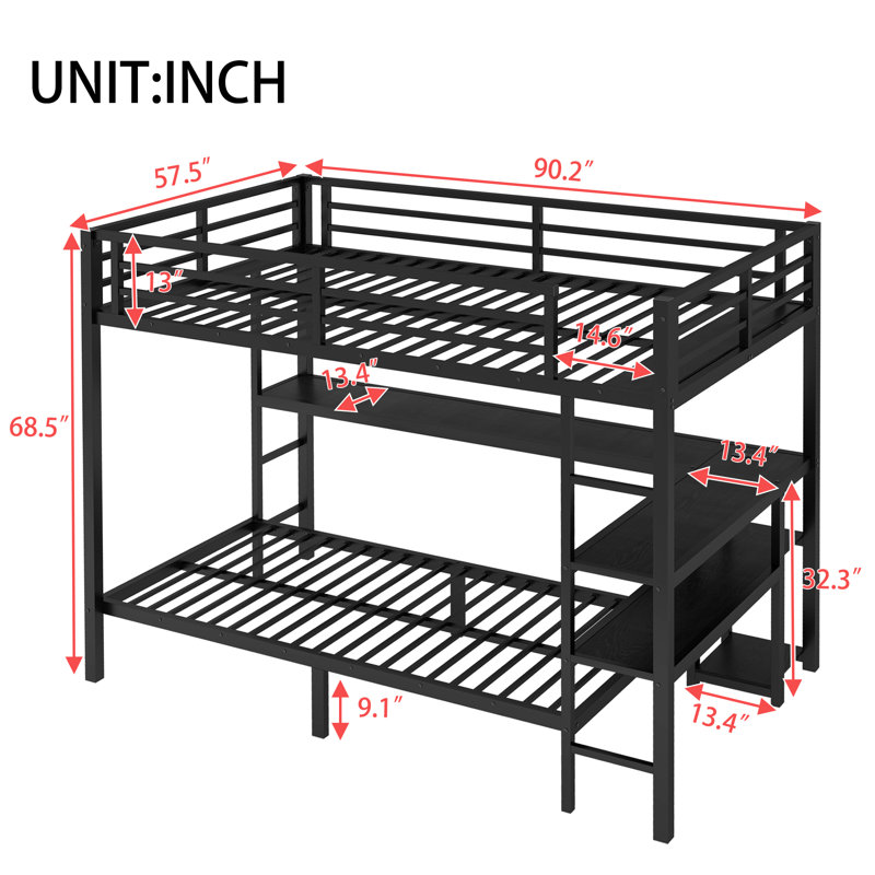 Bunk Bed With Desk And Shelves, Multiple Placement, With LED And USB, Full Over Twin