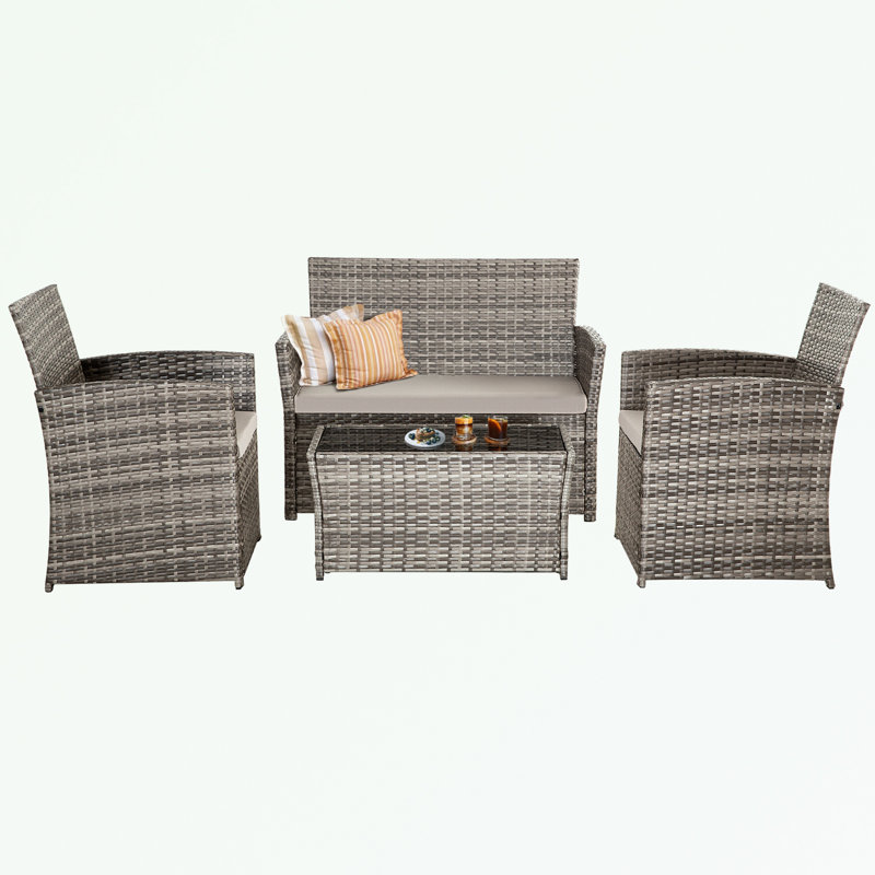 Ensemble de patio 4 pièces en osier avec coussins moelleux et table basse, Coussin beige / structure grise