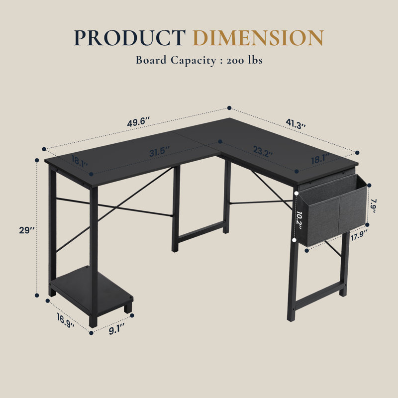 Bureau en L réversible de 50 po de large avec sac de rangement Hussan, Noir, Bois aggloméré