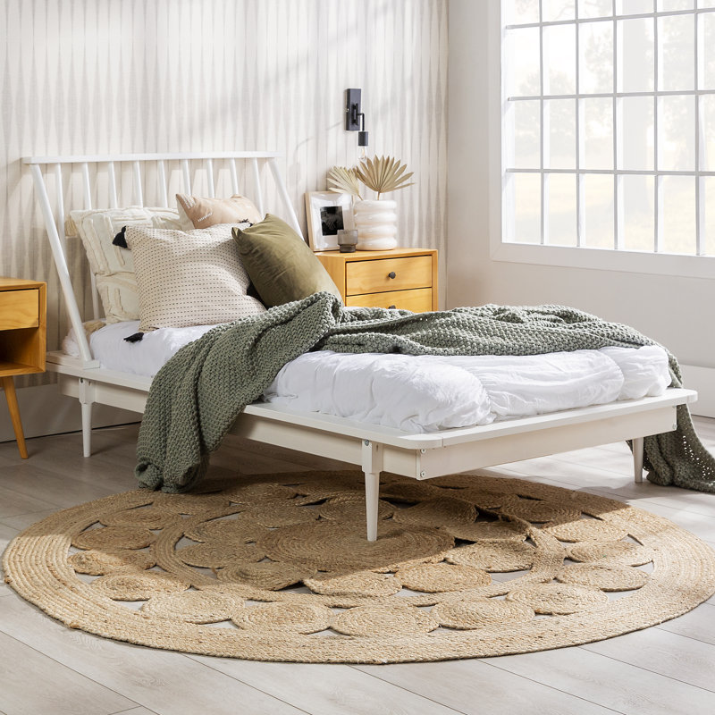 Lit plateforme à broches en bois massif Henline, Blanc, Simple