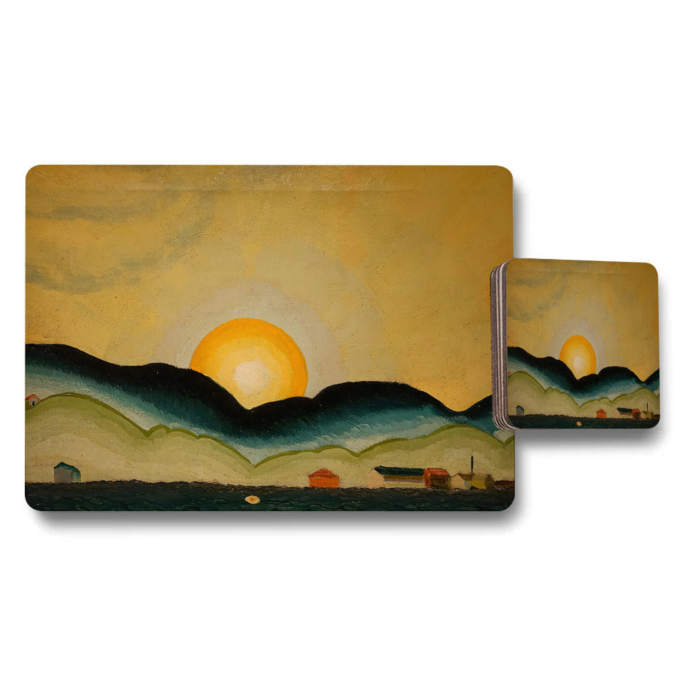 Sunset Landscape Placemat And Coaster Set With Village Silhouette