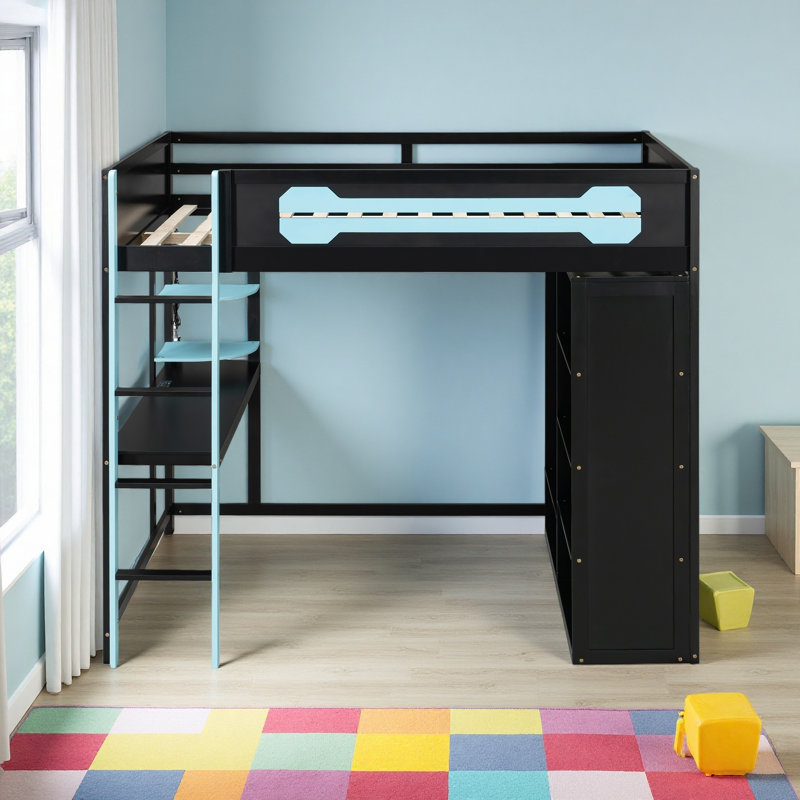 Lit mezzanine en bois pleine grandeur avec bureau, garde-robe ouverte et lumière RVB, Bleu / Noir