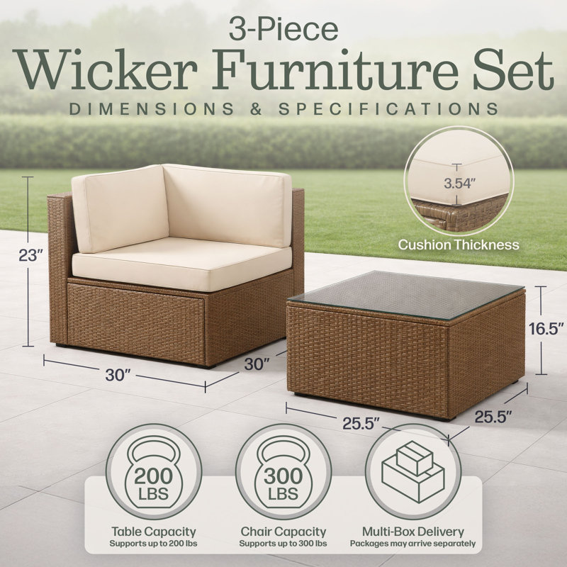 Ensemble de mobilier de patio extérieur en résine tressée 3 pièces Montara - Canapé deux places en rotin tressé résistant aux intempéries et table basse en résine tressée avec plateau en verre - Ensembles de conversation pour patio (beige/crème)