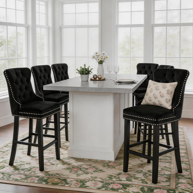 Modern Velvet Upholstered Counter Height Bar Stools (Set of 6), Black
