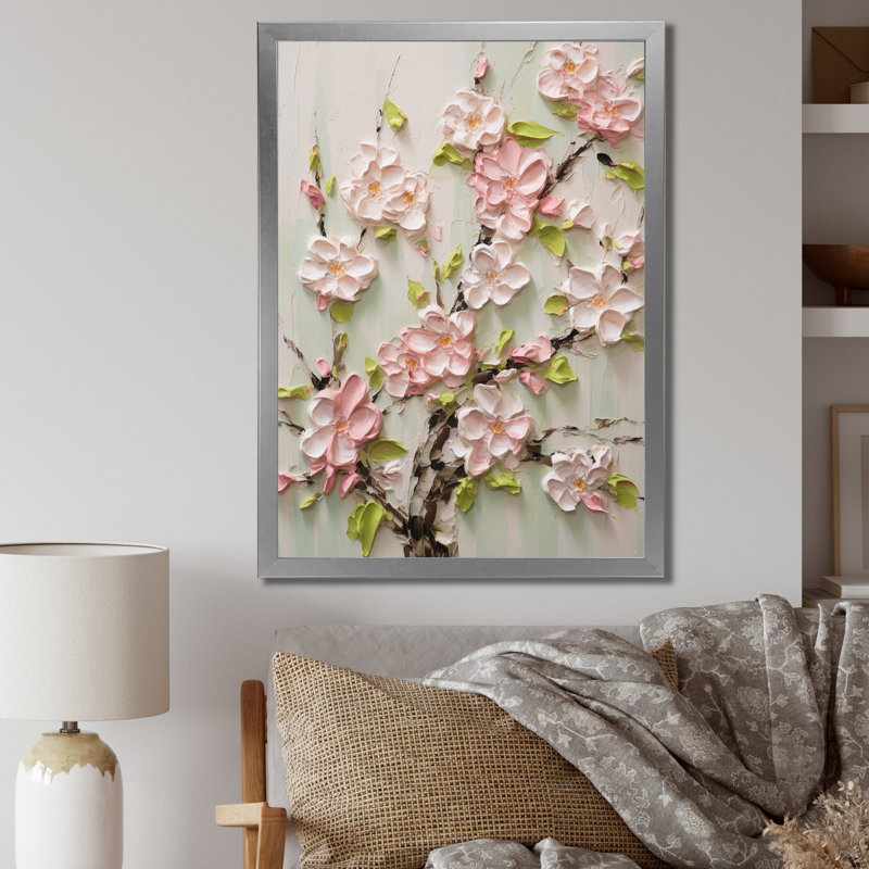 Chrysofo fleur de pommier Impasto I, Cadre simple argenté, H 40 po x l 30 po x P 1,5 po
