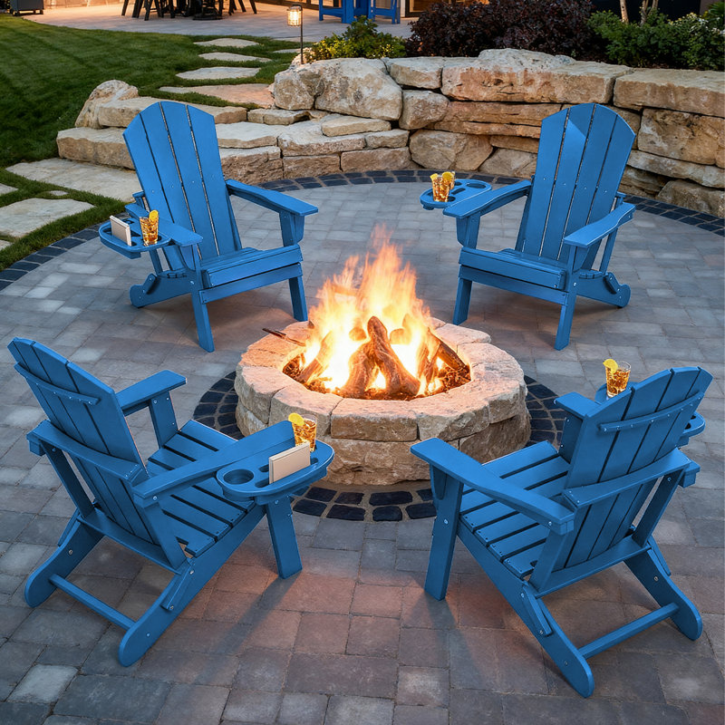  Cheryce HDPE Folding Adirondack Chair With Cup Holder, Pacific Blue