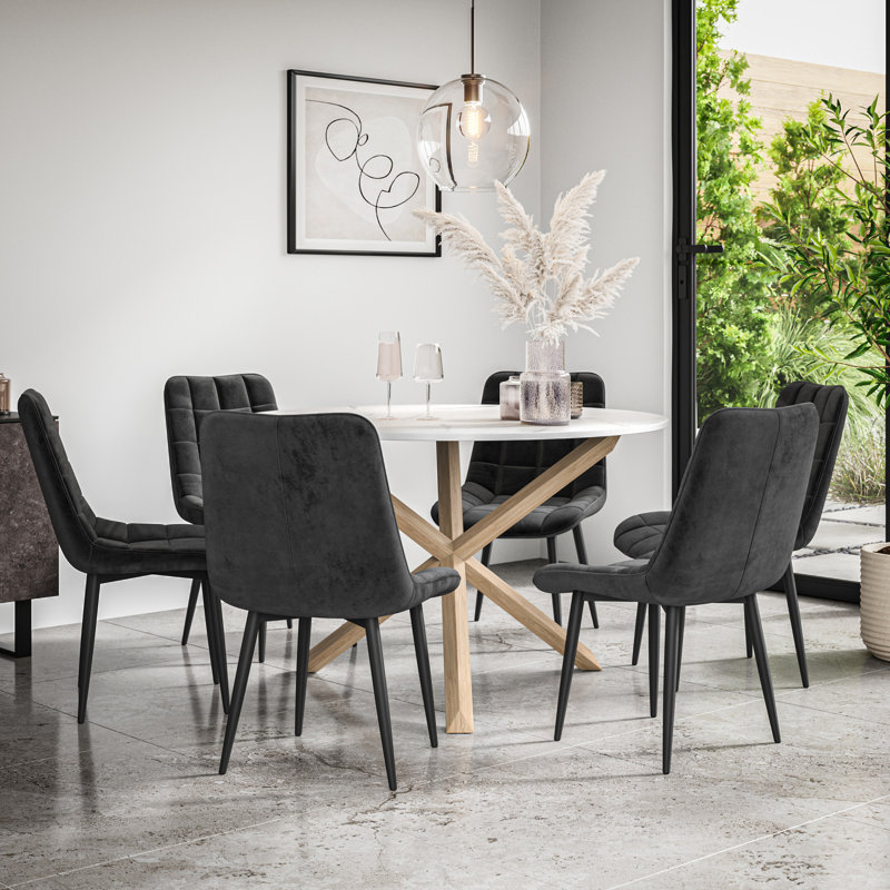 Darcus 120cm Round White Marble Effect Dining Table Set with 6 Nova Velvet Chairs, Oak/Black